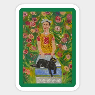 Frida Kahlo and Her Black Cat among Roses Sticker